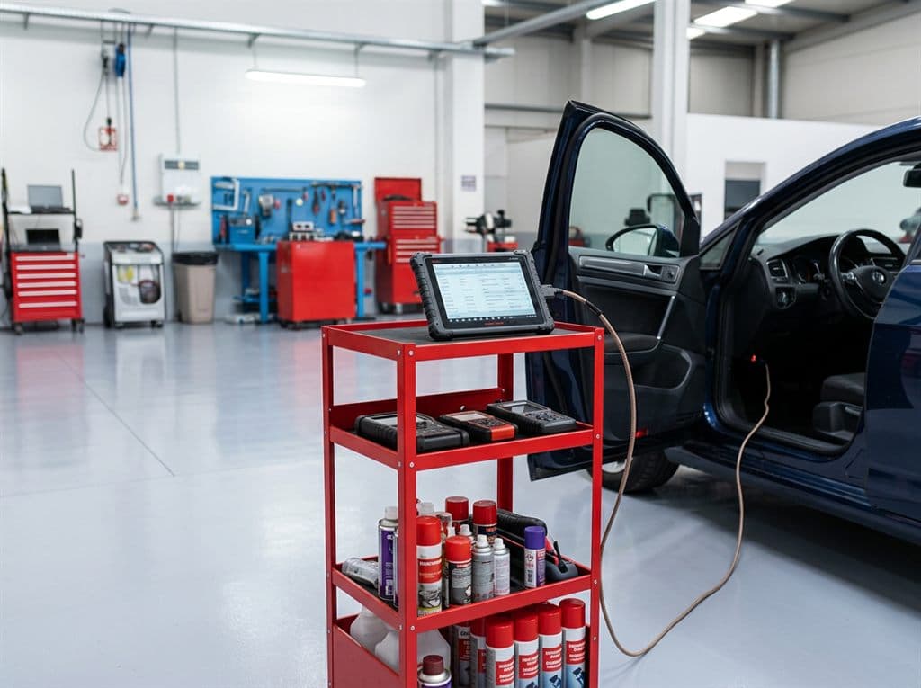 Equipo de diagnosis conectado a un vehículo en el taller de R3 Motor en Lugo