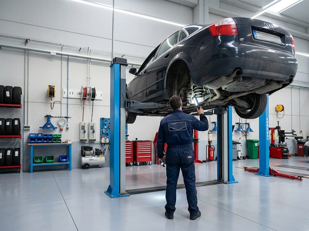 Revisión de mantenimiento periódico sobre un coche elevado en R3 Motor en Lugo