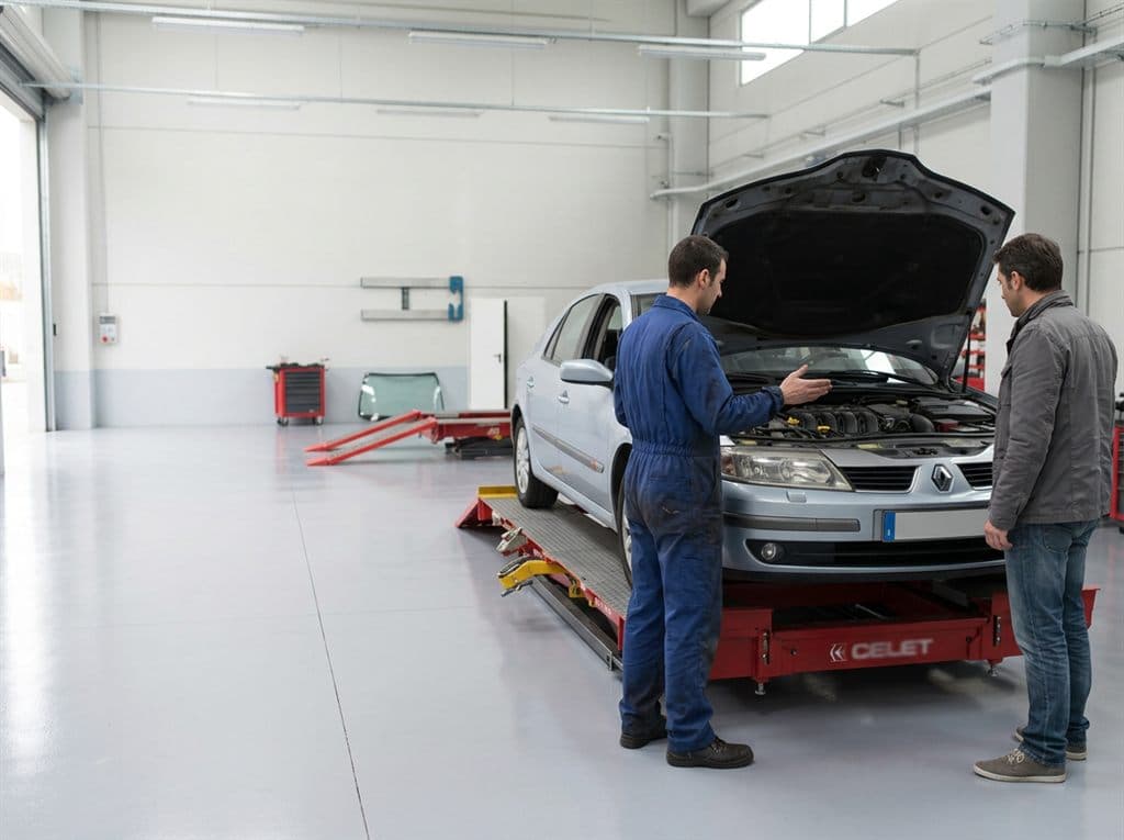 Mecánico atendiendo las dudas de un cliente junto a su coche en el taller de R3 Motor en Lugo